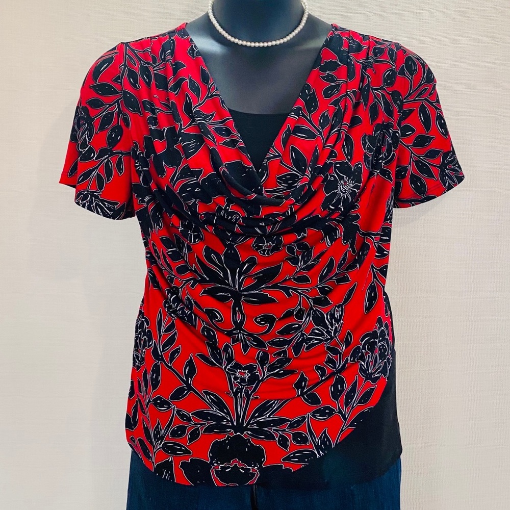 XL Shirt- Asymmetrical,Dressy, Red & Black, Floral